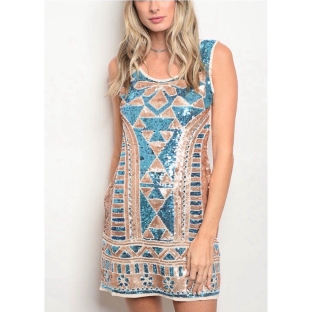 May & July Turquoise Rose Gold Sequin Geometric Mini Dress NWT Small MJD1552M